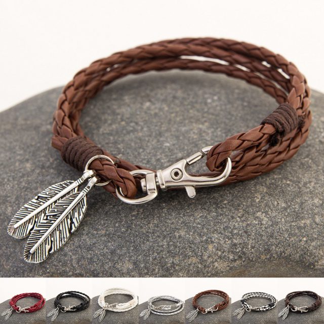 Fashion Bangles Accessories PU Leather Feather Charm Bracelets Man Women Bracelet Wristband Charm Braclet For Female Male