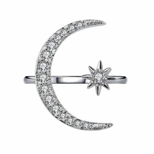 2020 Boho Female Open Star Moon Rings For Women  Rose Gold Color Filled Cute White Crystal Ring Staking Minimalist Jewelry