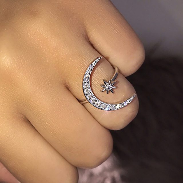 2020 Boho Female Open Star Moon Rings For Women  Rose Gold Color Filled Cute White Crystal Ring Staking Minimalist Jewelry