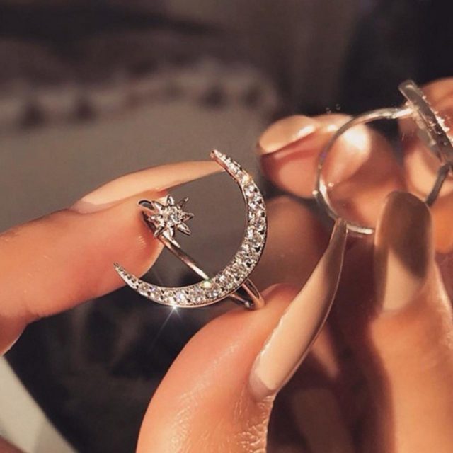 2020 Boho Female Open Star Moon Rings For Women  Rose Gold Color Filled Cute White Crystal Ring Staking Minimalist Jewelry