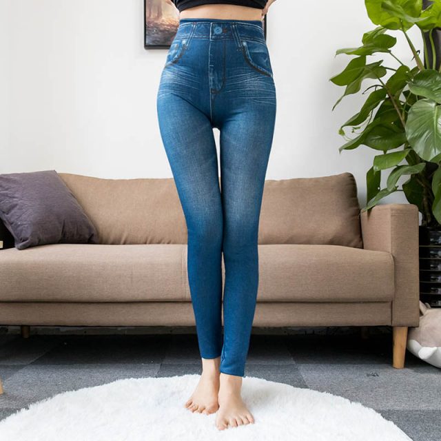 Fashion Slim Women Leggings Faux Denim Jeans Leggings Sexy Long Pocket Printing Summer Leggings Casual Pencil Pants