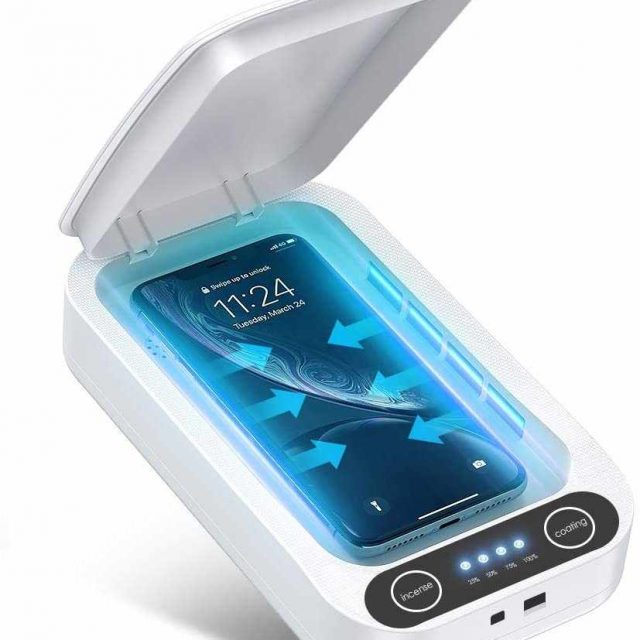 Portable USB-charged UV light Sanitizer, Sterilizer and Disinfection Box with Aromatherapy Function for masks, jewelries, keys, credit cards, make up brushes and smartphones.