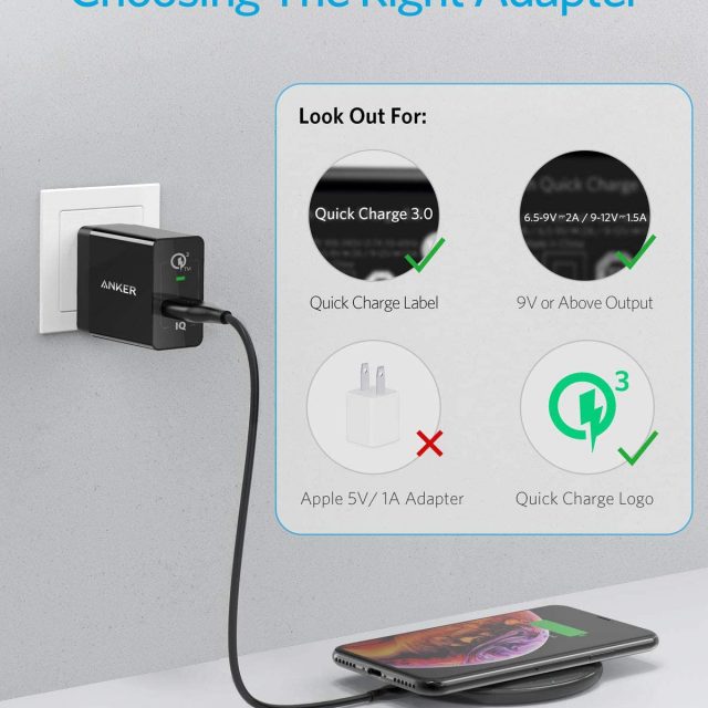 Anker Wireless Charger, PowerWave Pad, Portable, Compatible with iPhone 11, 11 Pro, 11 Pro Max, Xs Max, XR, XS, X, 8, 8 Plus, AirPods Pro, 10W Fast-Charging Galaxy S20 S10 S9, Note 10 Note 9 Note 8 (No AC Adapter included)