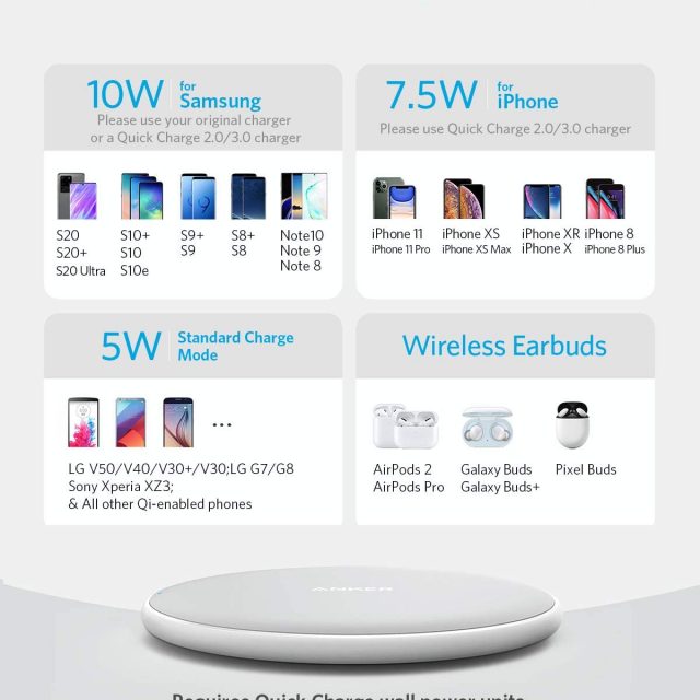 Anker Wireless Charger, PowerWave Pad, Portable, Compatible with iPhone 11, 11 Pro, 11 Pro Max, Xs Max, XR, XS, X, 8, 8 Plus, AirPods Pro, 10W Fast-Charging Galaxy S20 S10 S9, Note 10 Note 9 Note 8 (No AC Adapter included)