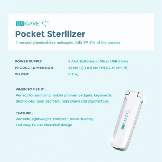 Safe Handheld UV Care Pocket Sterilizer with Automatic Shut-Off Safety Feature