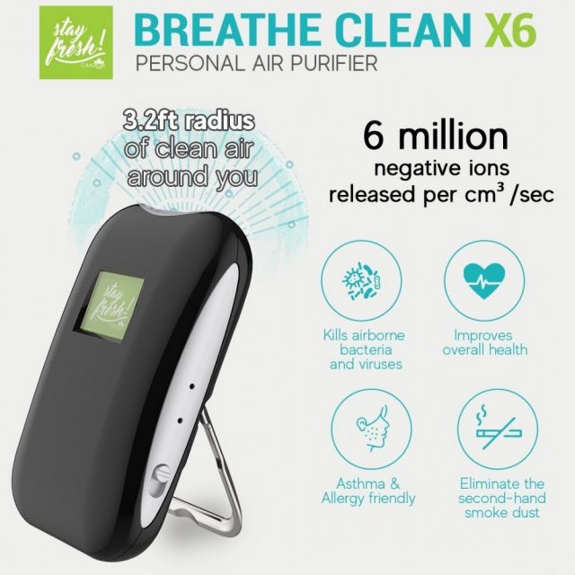 Stayfresh! Canada Breathe Clean Rechargeable Portable Personal Air Purifier (X6) with Healthy Negative Ions