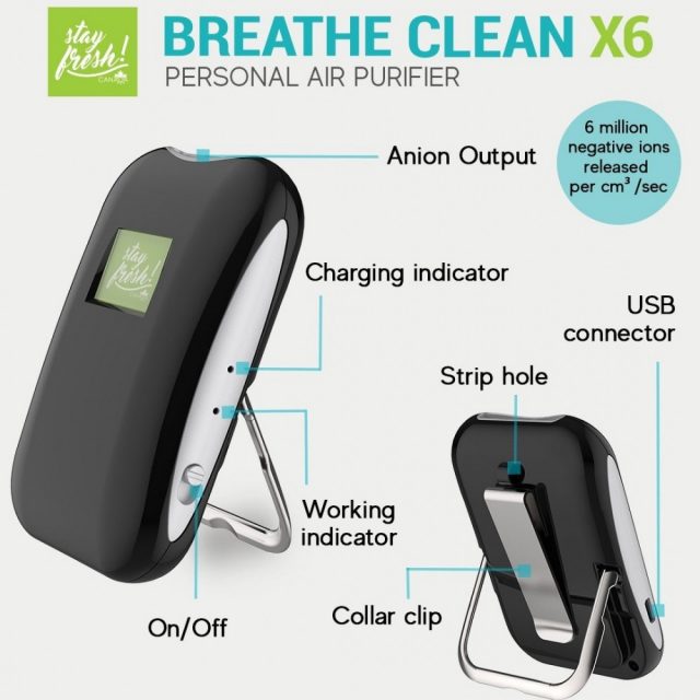 Stayfresh! Canada Breathe Clean Rechargeable Portable Personal Air Purifier (X6) with Healthy Negative Ions