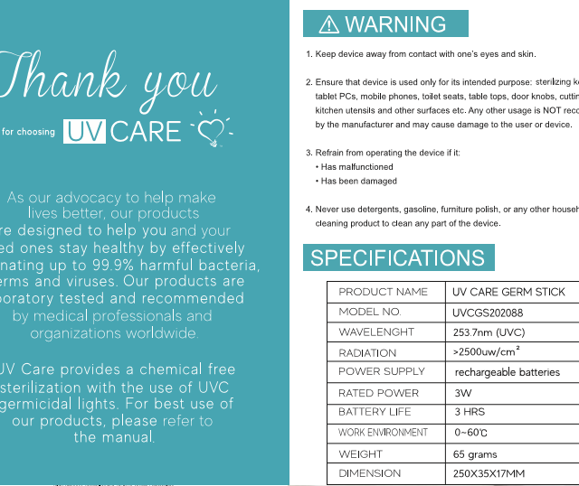 UV Care Germ Stick with UVC Germicidal Light for Disinfection, Sanitation, Sterilization and Termination of Germs, Viruses, Molds, and Bacteria