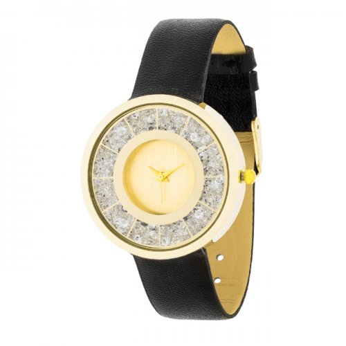 Icon Bijoux Gold Black Leather Watch With Crystals For Any Occasion