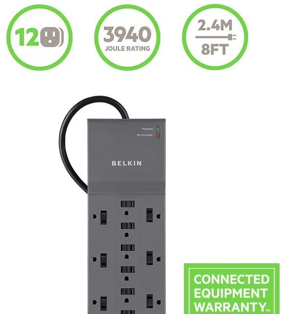 Belkin 12-Outlet Power Strip, Surge Protector, Extension Cord, 8ft Long Cord, Office Equipment and Home Use , Heavy Duty (3,940 Joules), Gray