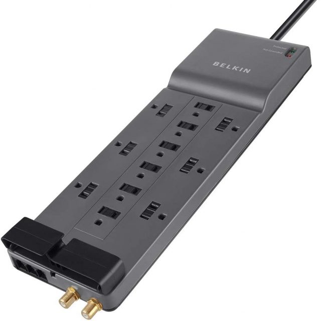 Belkin 12-Outlet Power Strip, Surge Protector, Extension Cord, 8ft Long Cord, Office Equipment and Home Use , Heavy Duty (3,940 Joules), Gray