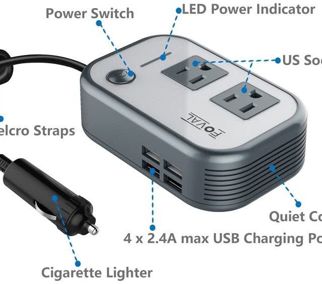 Foval 200W Car Power Inverter Adapter DC 12V to 110V AC Converter with 4 USB Ports Charger