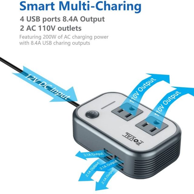 Foval 200W Car Power Inverter Adapter DC 12V to 110V AC Converter with 4 USB Ports Charger