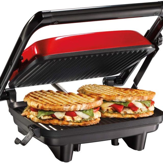 Hamilton Beach Electric Panini Press Grill With Locking Lid, Opens 180 Degrees For Any Sandwich Thickness, Nonstick 8″ X 10″ Grids, Colors Red, Stainless Steel and Chrome Finish