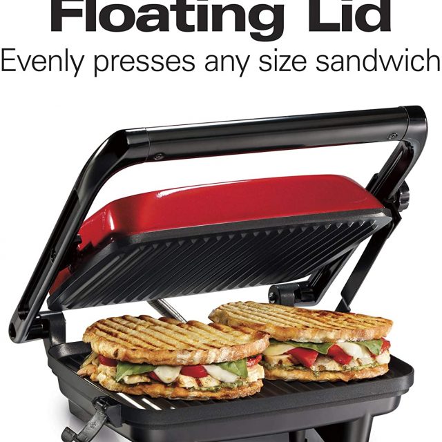 Hamilton Beach Electric Panini Press Grill With Locking Lid, Opens 180 Degrees For Any Sandwich Thickness, Nonstick 8″ X 10″ Grids, Colors Red, Stainless Steel and Chrome Finish