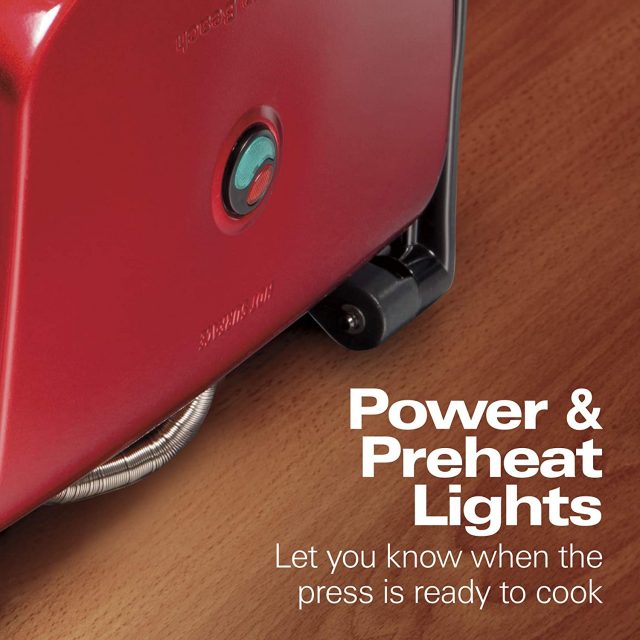 Hamilton Beach Electric Panini Press Grill With Locking Lid, Opens 180 Degrees For Any Sandwich Thickness, Nonstick 8″ X 10″ Grids, Colors Red, Stainless Steel and Chrome Finish