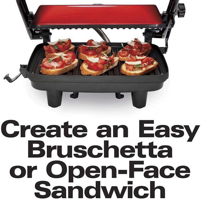 Hamilton Beach Electric Panini Press Grill With Locking Lid, Opens 180 Degrees For Any Sandwich Thickness, Nonstick 8″ X 10″ Grids, Colors Red, Stainless Steel and Chrome Finish
