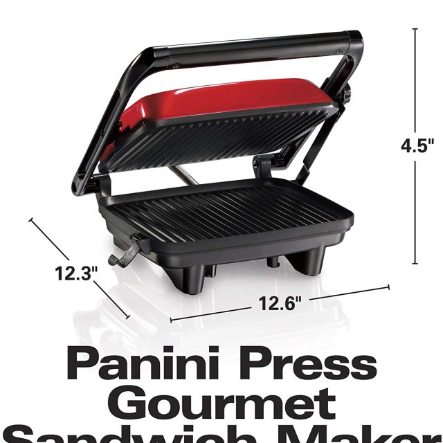 Hamilton Beach Electric Panini Press Grill With Locking Lid, Opens 180 Degrees For Any Sandwich Thickness, Nonstick 8″ X 10″ Grids, Colors Red, Stainless Steel and Chrome Finish