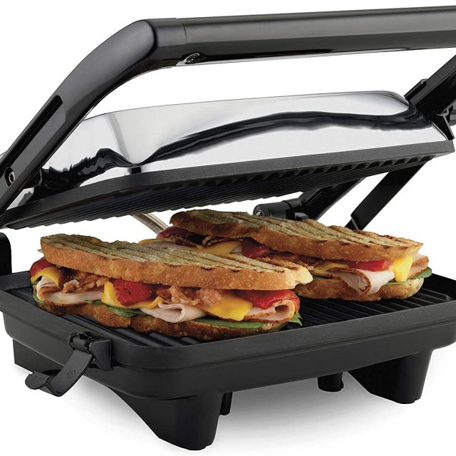Hamilton Beach Electric Panini Press Grill With Locking Lid, Opens 180 Degrees For Any Sandwich Thickness, Nonstick 8″ X 10″ Grids, Colors Red, Stainless Steel and Chrome Finish