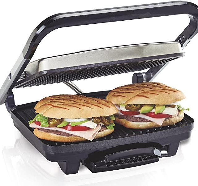 Hamilton Beach Electric Panini Press Grill With Locking Lid, Opens 180 Degrees For Any Sandwich Thickness, Nonstick 8″ X 10″ Grids, Colors Red, Stainless Steel and Chrome Finish