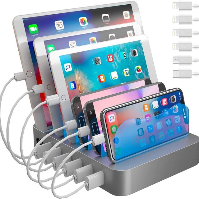 Hercules Tuff Charging Station for Multiple Devices, with 6 USB Fast Ports and 6 Short Mixed USB Cables Included for Cell Phones, Smart Phones, Tablets, and Other Electronics