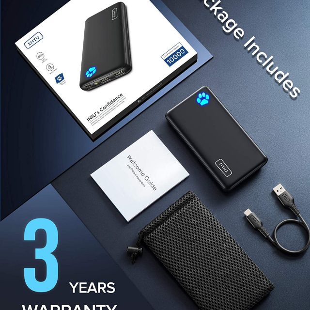INIU Portable Compact Slimmest & Lightest Charger, Power bank, Battery Pack with Triple 3A High-Speed 10000mAh Capacity, with Flashlight, Compatible with Smart Phones, Ipads, Smart Tablets, Android Devices, IOS devices and More