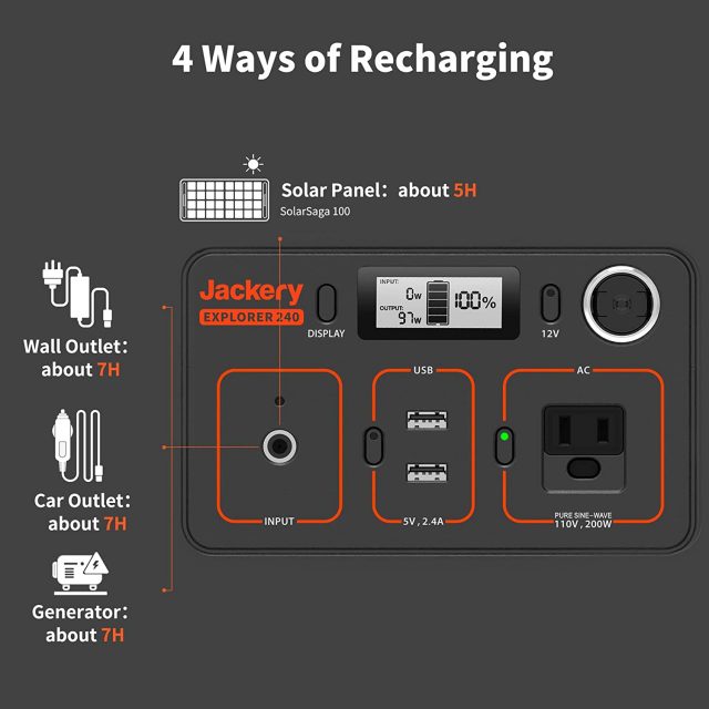Jackery Portable Power Station Explorer 240 Generator Adapter Charger, 240Wh Backup Lithium Battery, 110V/200W Pure Sine Wave AC Outlet, Solar Generator (Solar Panel Not Included) for Outdoors and Emergencies