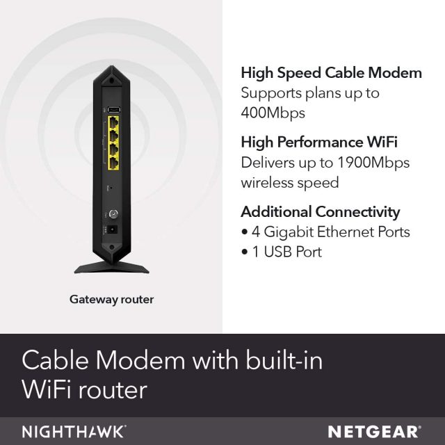 NETGEAR Nighthawk Cable Modem Wi-Fi Router Combo C7000 Compatible with Cable Providers Including Xfinity by Comcast, Spectrum, Cox for Cable Plans Up to 400 Mbps | AC1900 Wi-Fi Speed | DOCSIS 3.0