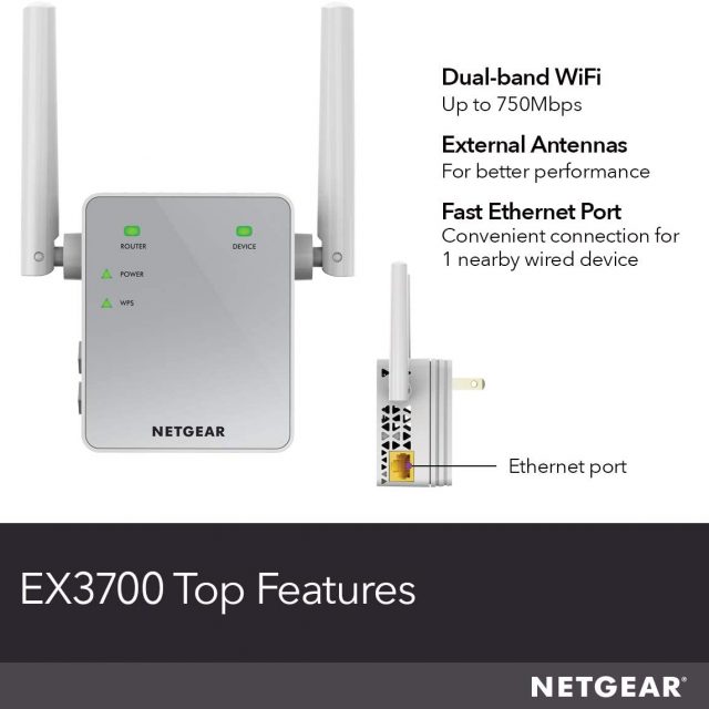 Netgear Wi-Fi Range Extender Repeater EX3700 – Coverage Up to 1000 Sq Ft and 15 Devices with AC750 Dual Band Wireless Signal Booster & Repeater Up to 750Mbps Speed, and Compact Wall Plug Design