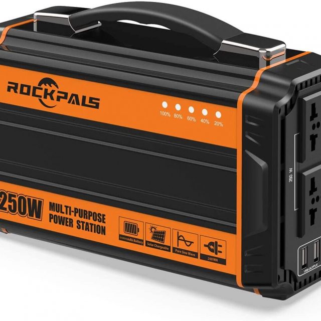 Rockpals 250-Watt Portable Generator Charger Adapter Rechargeable Lithium Battery Pack Solar Generator with 110V AC Outlet, 12V Car, USB Output Off-grid Power Supply for Backup Camping Emergency