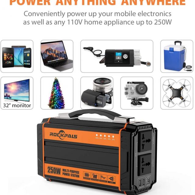 Rockpals 250-Watt Portable Generator Charger Adapter Rechargeable Lithium Battery Pack Solar Generator with 110V AC Outlet, 12V Car, USB Output Off-grid Power Supply for Backup Camping Emergency