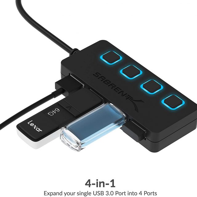 Sabrent 4-Port USB 3.0 Hub with Individual LED Power Switches | 2 Ft Cable | Slim & Portable | for Mac & PC (HB-UM43)