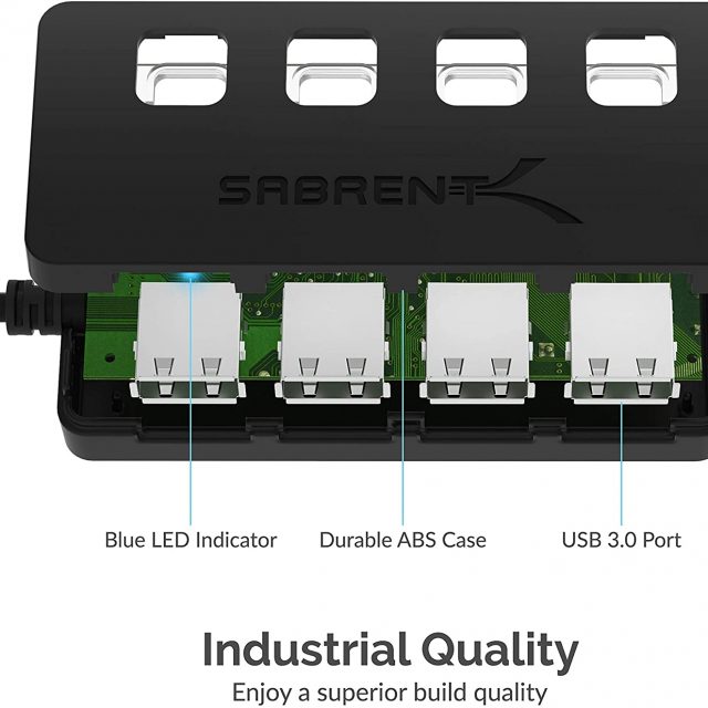 Sabrent 4-Port USB 3.0 Hub with Individual LED Power Switches | 2 Ft Cable | Slim & Portable | for Mac & PC (HB-UM43)