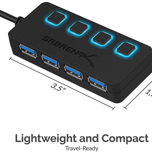Sabrent 4-Port USB 3.0 Hub with Individual LED Power Switches | 2 Ft Cable | Slim & Portable | for Mac & PC (HB-UM43)