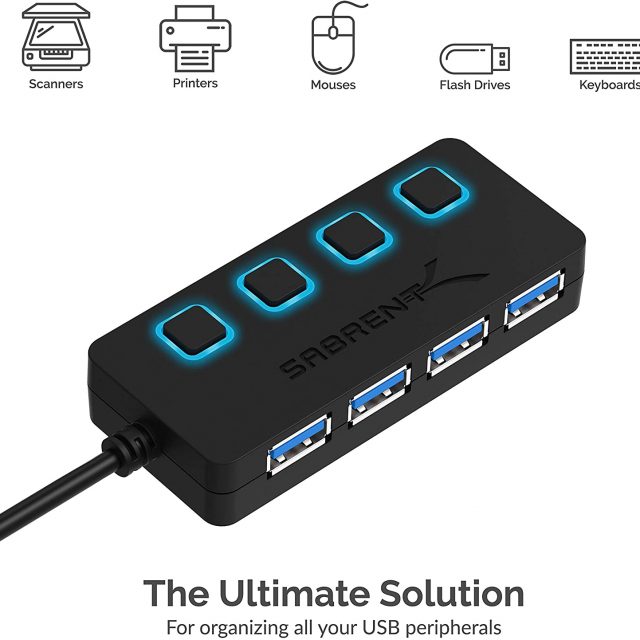 Sabrent 4-Port USB 3.0 Hub with Individual LED Power Switches | 2 Ft Cable | Slim & Portable | for Mac & PC (HB-UM43)