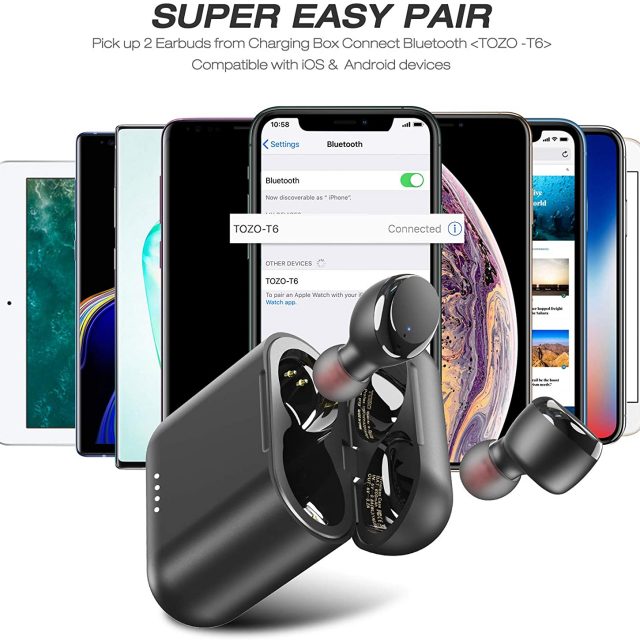 TOZO T6 True Wireless Earbuds Bluetooth Headphones Touch Control with Wireless Charging Case IPX8 Waterproof TWS Stereo Earphones in-Ear Built-in Mic with Noise Reduction Headset Premium Deep Bass for Sports and Leisure All Colors
