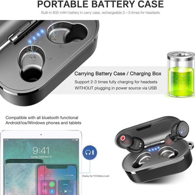 TOZO T10 Bluetooth 5.0 Wireless Earbuds with Wireless Charging Case IPX8 Waterproof TWS Stereo Headphones in Ear Built in Mic with Noise Reduction Headset Premium Sound with Deep Bass for Sport and Leisure All Colors