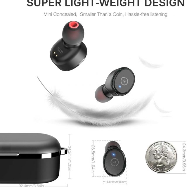 TOZO T10 Bluetooth 5.0 Wireless Earbuds with Wireless Charging Case IPX8 Waterproof TWS Stereo Headphones in Ear Built in Mic with Noise Reduction Headset Premium Sound with Deep Bass for Sport and Leisure All Colors