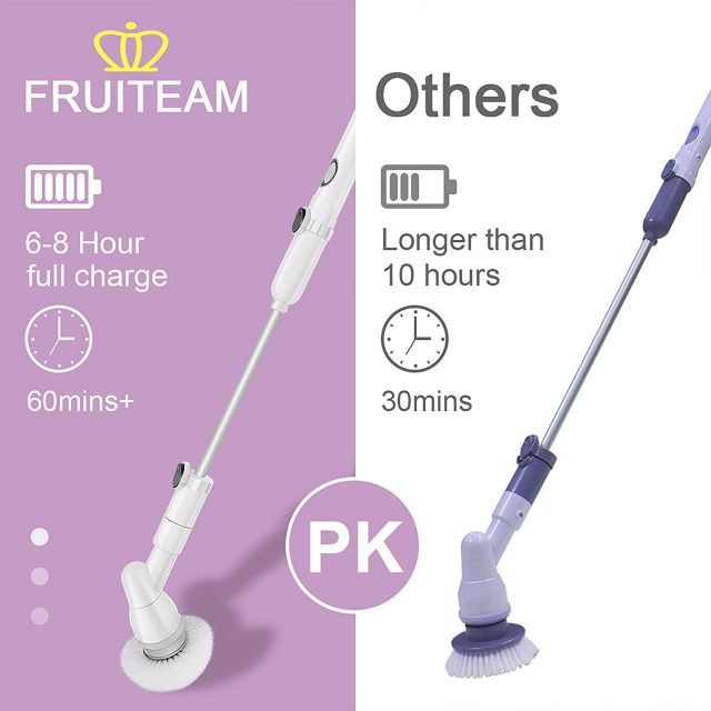 FRUITEAM Electric Cordless Super Power Spin Scrubber, Surface Power Cleaner with 3 Replaceable Brush Heads and 1 Extension Arm for Bathroom/Kitchen/Tub/Tile
