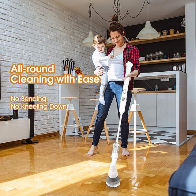 FRUITEAM Electric Cordless Super Power Spin Scrubber, Surface Power Cleaner with 3 Replaceable Brush Heads and 1 Extension Arm for Bathroom/Kitchen/Tub/Tile