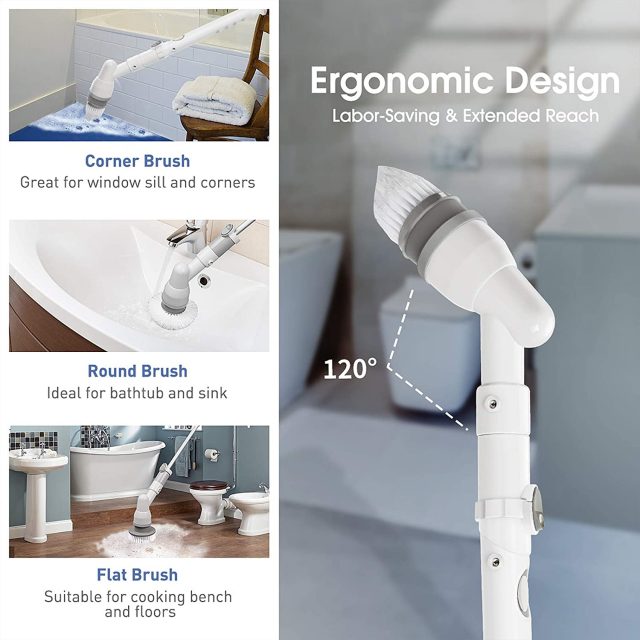 FRUITEAM Electric Cordless Super Power Spin Scrubber, Surface Power Cleaner with 3 Replaceable Brush Heads and 1 Extension Arm for Bathroom/Kitchen/Tub/Tile