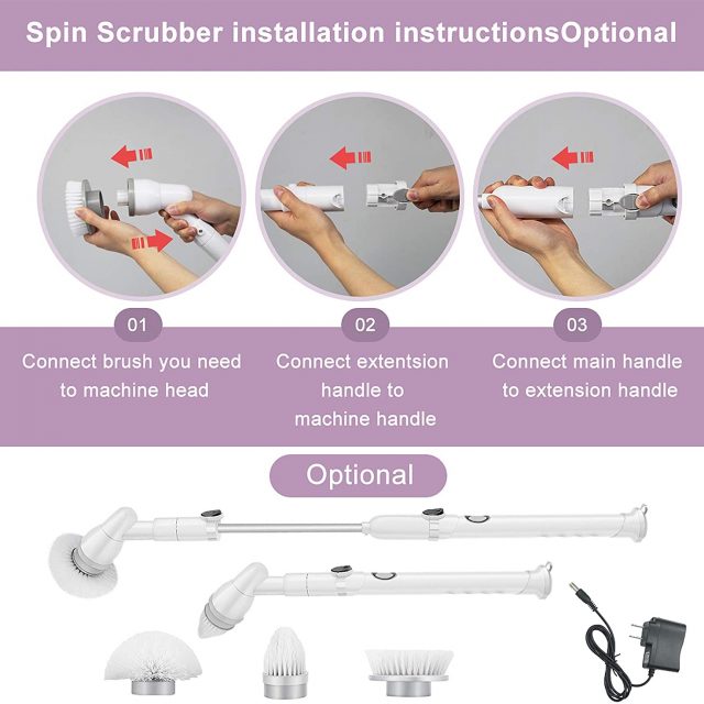 FRUITEAM Electric Cordless Super Power Spin Scrubber, Surface Power Cleaner with 3 Replaceable Brush Heads and 1 Extension Arm for Bathroom/Kitchen/Tub/Tile
