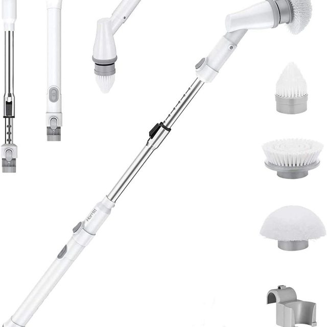 Homitt Electric Spin Scrubber Cordless Power Floor and Shower Brush Scrubber with an Adjustable Extension Arm and 3 Replaceable Bathroom Scrubber Cleaning Brush Heads for Tubs, Tiles and Floor
