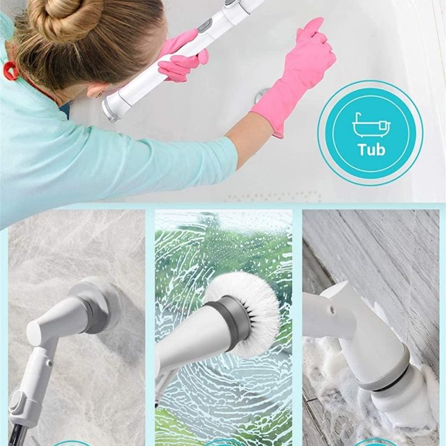 Homitt Electric Spin Scrubber Cordless Power Floor and Shower Brush Scrubber with an Adjustable Extension Arm and 3 Replaceable Bathroom Scrubber Cleaning Brush Heads for Tubs, Tiles and Floor