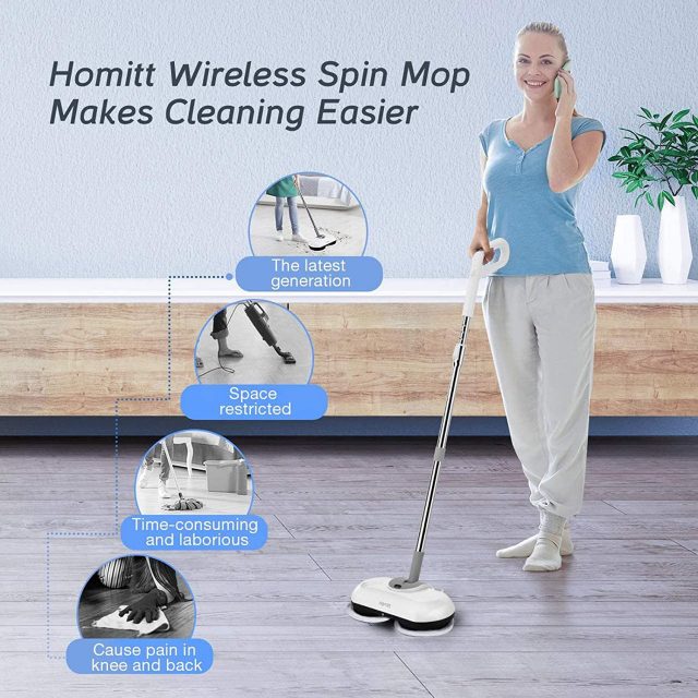 Homitt Electric Spin Power Scrubber, Electric Cordless Mop with 4 Replaceable Microfiber & Reusable Mop Pads for Cleaning Hardwood Floor and Tile