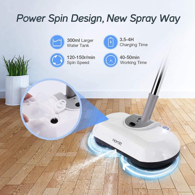 Homitt Electric Spin Power Scrubber, Electric Cordless Mop with 4 Replaceable Microfiber & Reusable Mop Pads for Cleaning Hardwood Floor and Tile