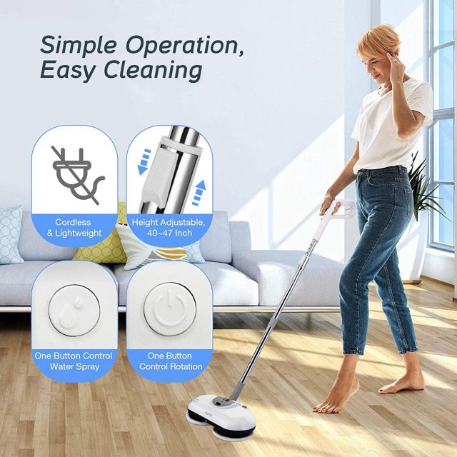 Homitt Electric Spin Power Scrubber, Electric Cordless Mop with 4 Replaceable Microfiber & Reusable Mop Pads for Cleaning Hardwood Floor and Tile