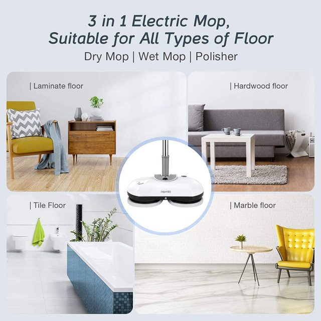 Homitt Electric Spin Power Scrubber, Electric Cordless Mop with 4 Replaceable Microfiber & Reusable Mop Pads for Cleaning Hardwood Floor and Tile