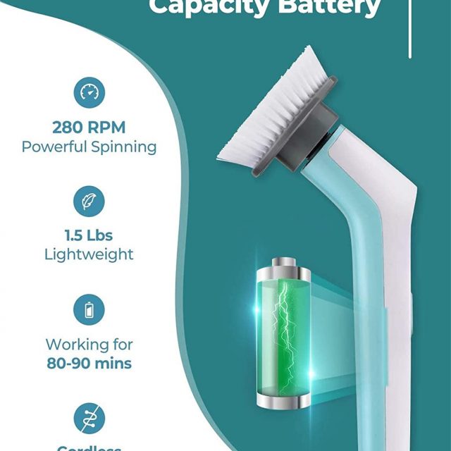 Homitt Electric Spin Scrubber Power Brush Scrubber, Cordless, Portable, Rechargeable and Handheld Bathroom Scrubber with 3 Replaceable Cleaning Brush Heads, High Rotation for Cleaning Floor, Sink, Tile and Tub – Blue