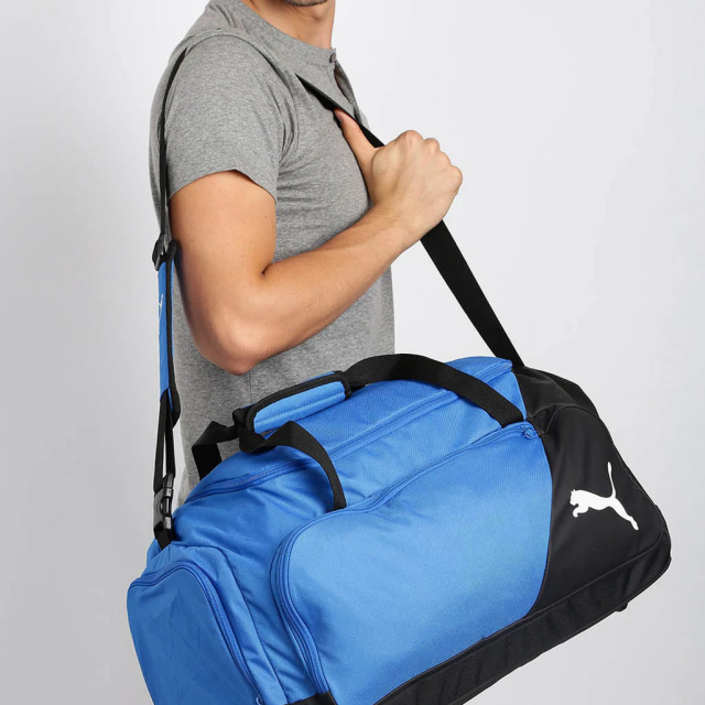 Puma LIGA Medium Duffel Bag for Travel, Training and Sports Black and Blue Training Bag